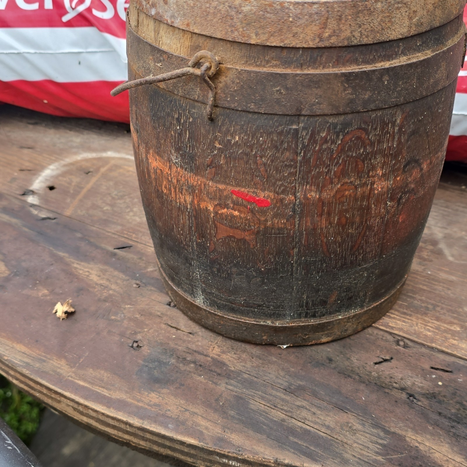 Rare Vintage Antique Wooden Wood Paint Pail Barrel Bucket Oak Primitive Rare Vintage Antique Wooden Wood Paint Pail Barrel Bucket Oak Primitive