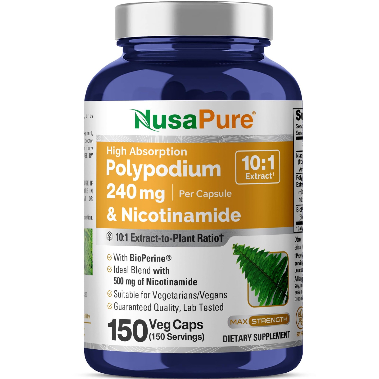NusaPure Polypodium Nicotinamide Capsules, 240 mg, 150 Veg Capsules NonGMO, S...