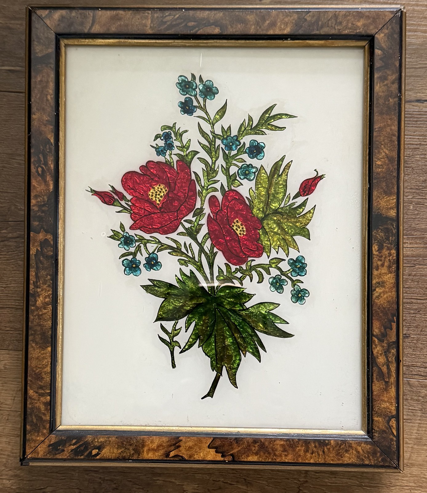 Antique Victorian Reverse Glass Tinsel Painting Floral 9.5x13.5 Faux Burl Frame