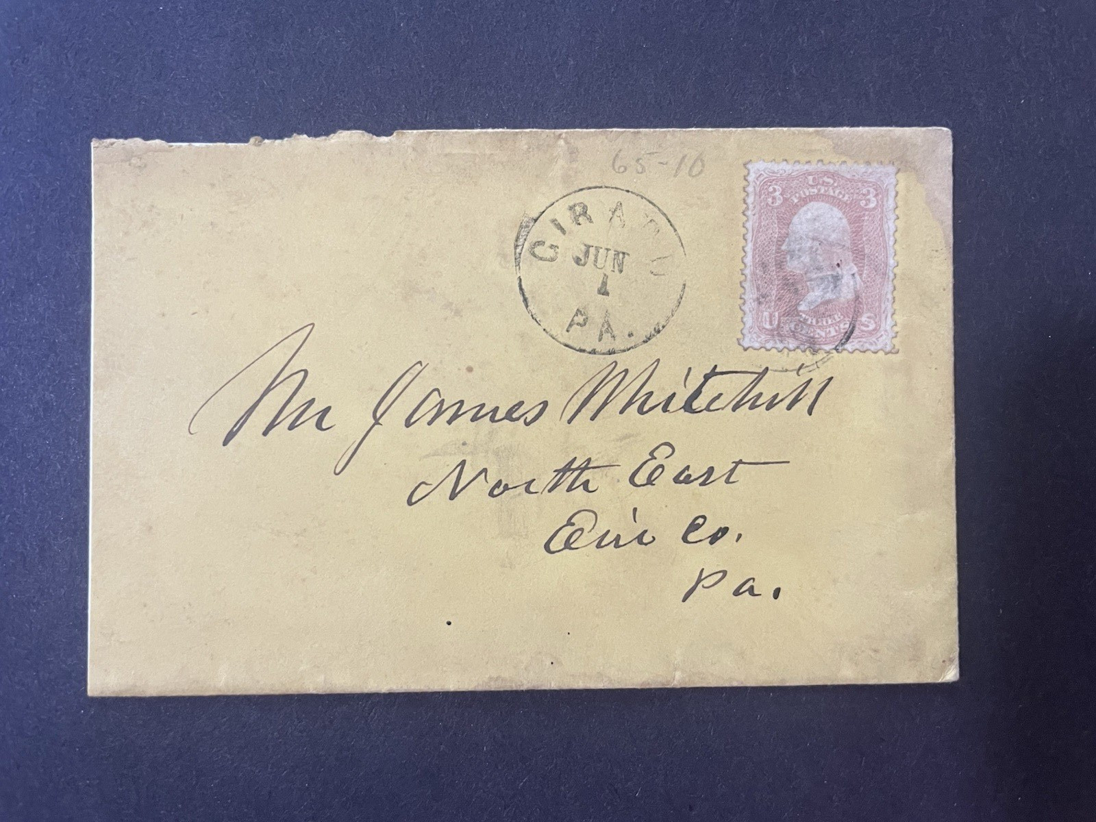 1850s/60s 3c George Washington Cover Girard PA Postmark to North East Erie Co PA