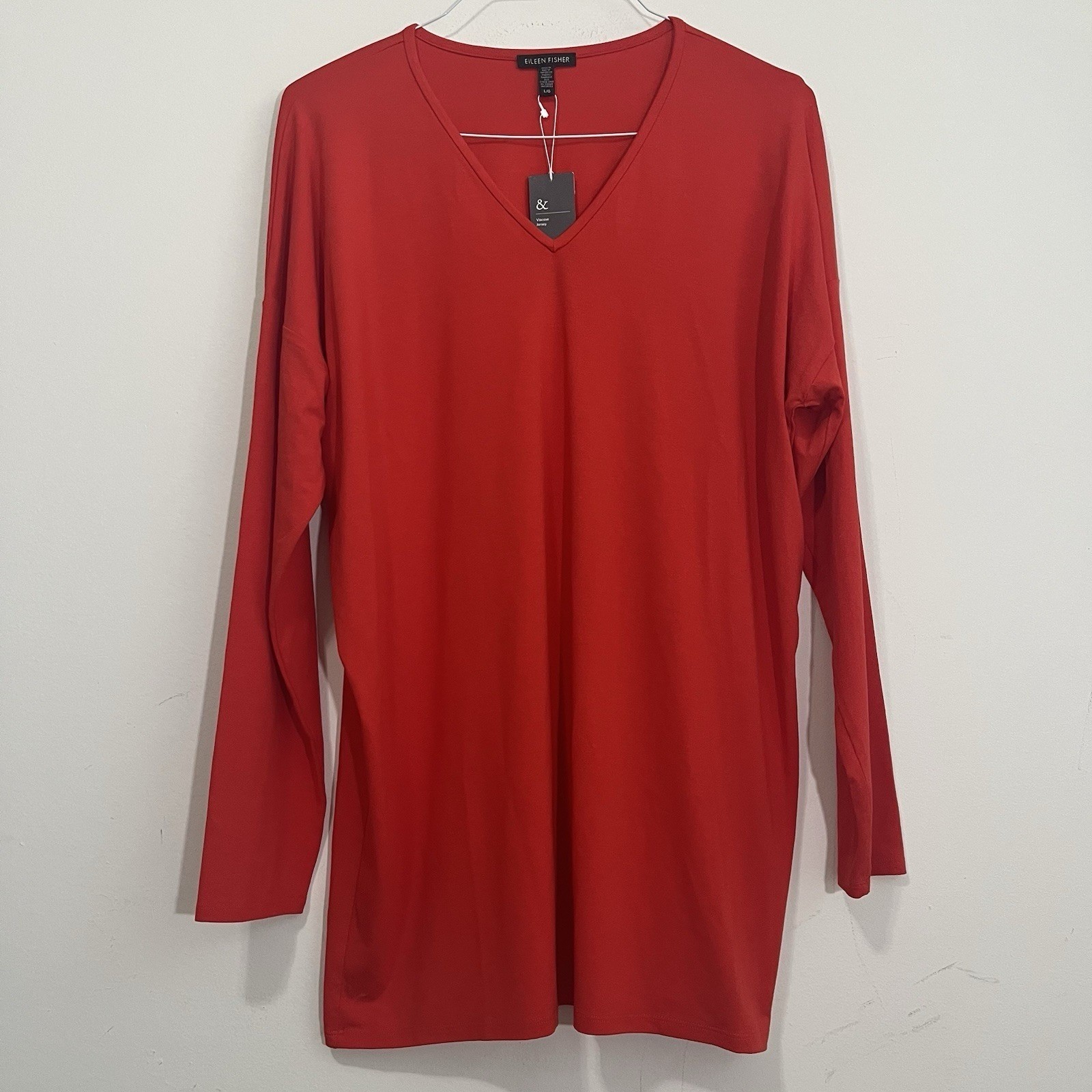 NWT Eileen Fisher Red Shirt Jersey Knit Long Sleeve Tunic Top L Pullover Stretch