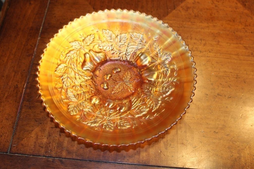 Vintage Fenton Marigold Carnival Glass Bowl Peacock and Grape Ruffled Edge 8\ Vintage Fenton Marigold Carnival Glass Bowl Peacock and Grape Ruffled Edge 8\