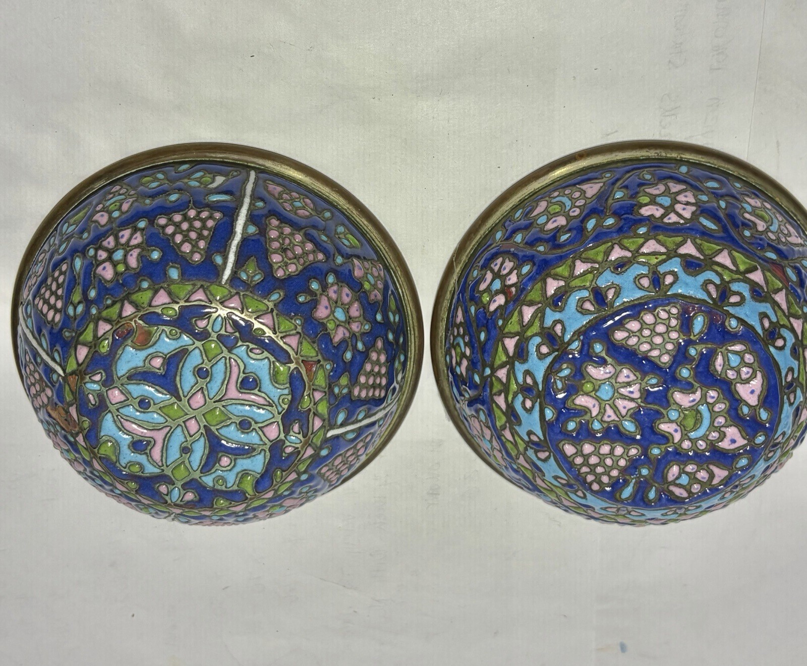 Two Antique Damascus Heena Brass Enamel Flowers Decorated Bowl Two Antique Damascus Heena Brass Enamel Flowers Decorated Bowl