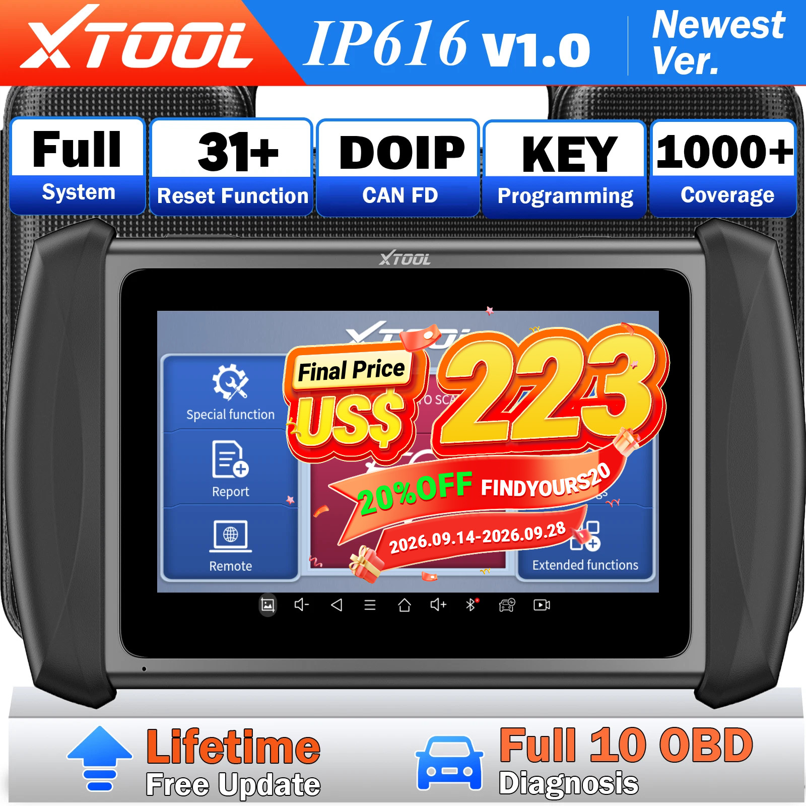 2026 XTOOL IP616 Car OBD2 Scanner Key Programmer Full System Diagnostic Tool SRS