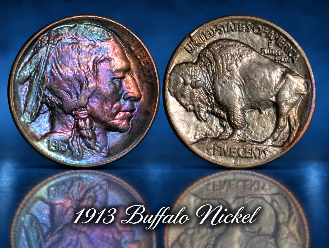 1913-P Type 1 Buffalo Nickel Bu++ Gem Flaw 11 o\'clock Full Horn Rainbow Toned 1913-P Type 1 Buffalo Nickel Bu++ Gem Flaw 11 o\'clock Full Horn Rainbow Toned