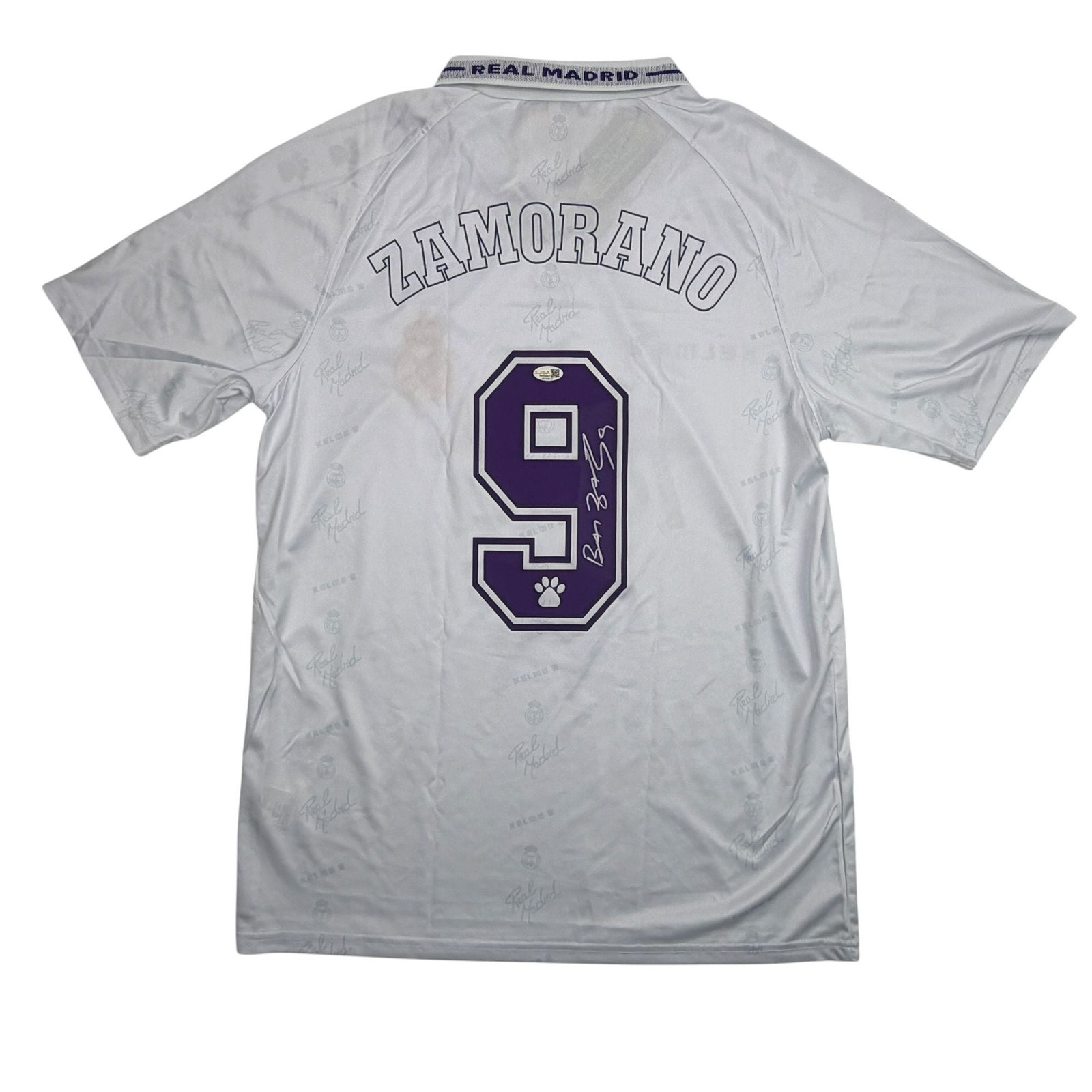 Autographed/Signed Ivan Zamorano Real Madrid White Soccer Jersey JSA COA Autographed/Signed Ivan Zamorano Real Madrid White Soccer Jersey JSA COA