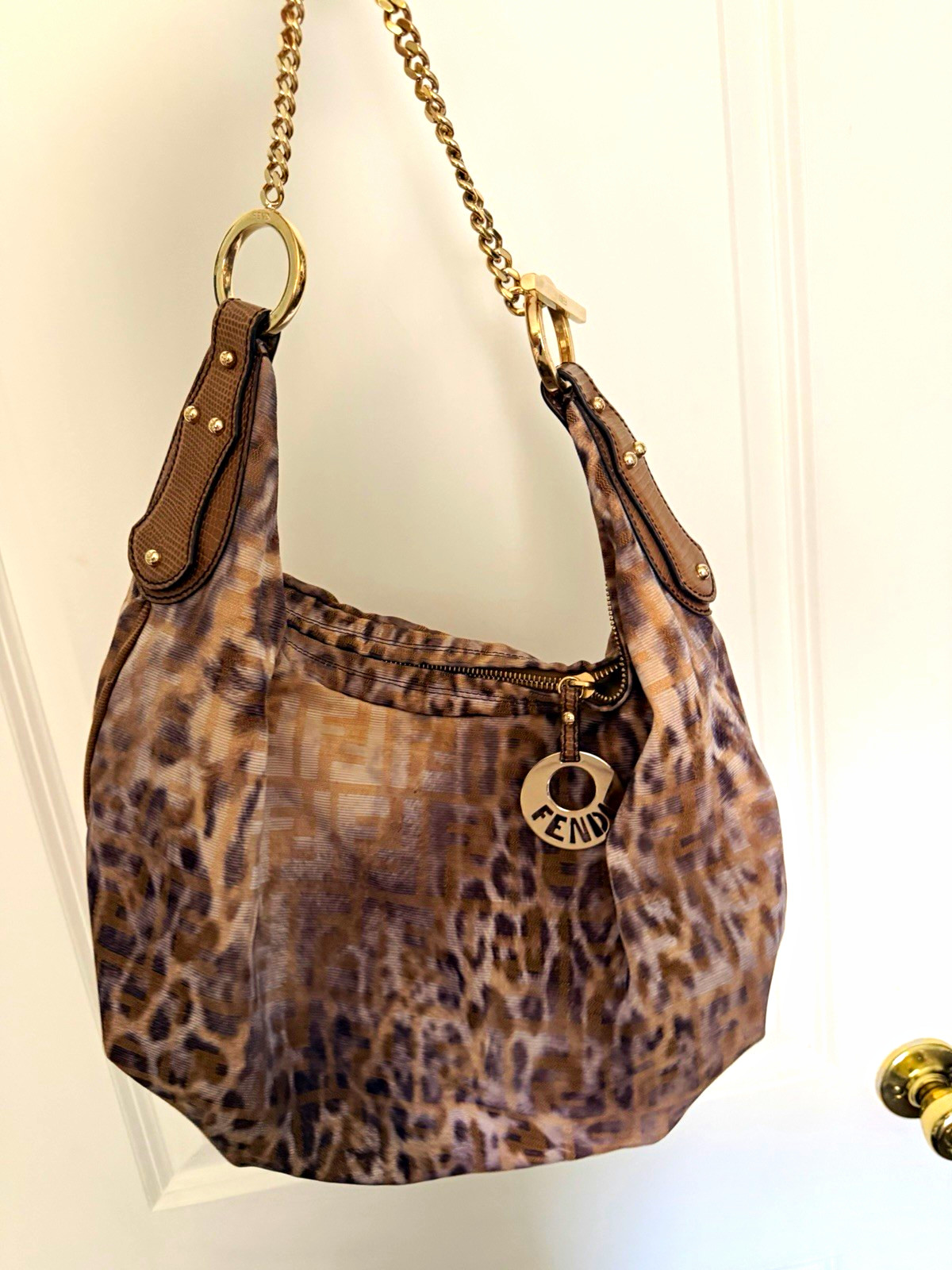 Fendi Y2K vintage Animal Print Shoulder Gold Chain Strap, lizard leather accents Fendi Y2K vintage Animal Print Shoulder Gold Chain Strap, lizard leather accents