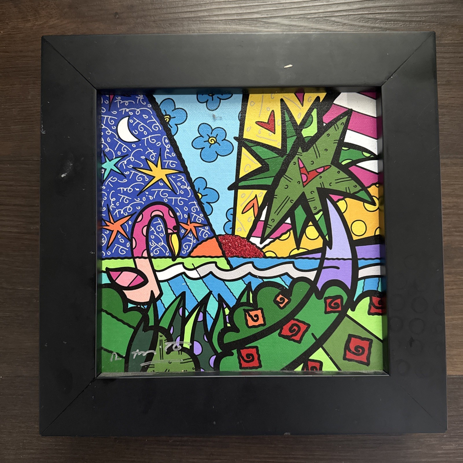 Rare Tropical Paradise Romero Britto Signed 8.5x85” frame - Flamingo Tropical