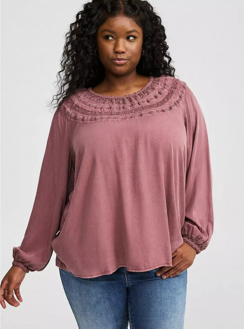 Torrid Plus 2X Rayon Twill Crochet Yoke Blouson Sleeve Top Burgundy Wash NWT Torrid Plus 2X Rayon Twill Crochet Yoke Blouson Sleeve Top Burgundy Wash NWT