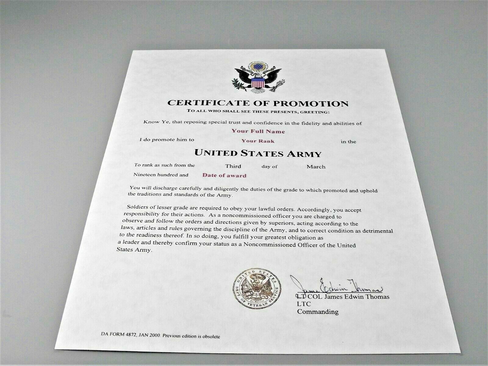 Certificate of Promotion NCO (US Army) Replacement Certificate 8.5 X 11 Certificate of Promotion NCO (US Army) Replacement Certificate 8.5 X 11