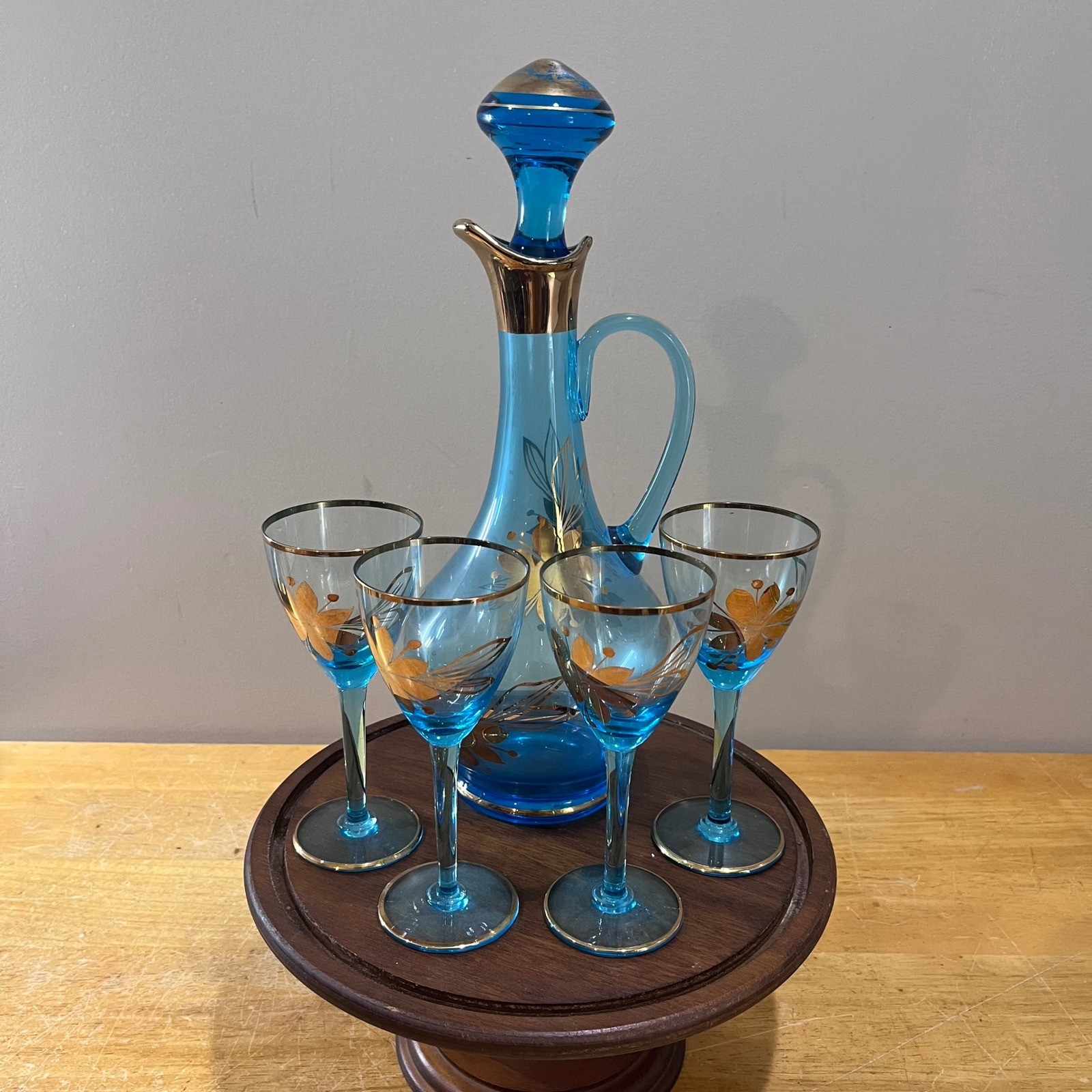 Vtg MCM Bohemian Blue Glass Decanter Set Gold Floral 5pc Barware 1960s
