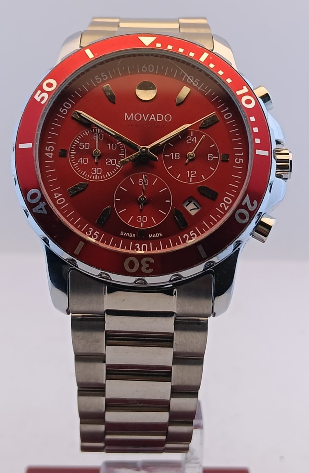 Vintage Movado Chronograph Red Dial Date Working Condition Men\'s Wrist Watch