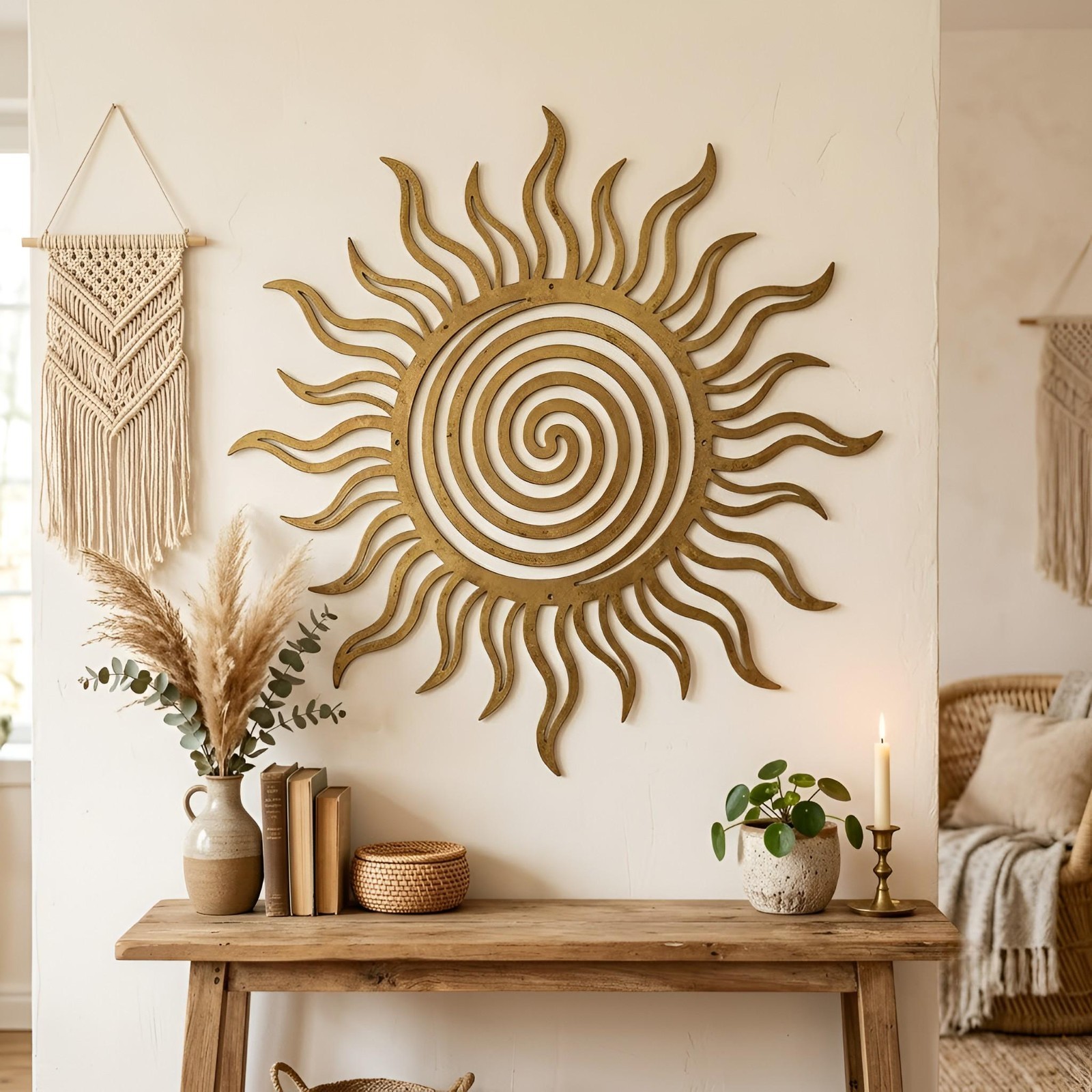 Boho Sun Metal Wall Art, Gold Sunburst Wall Decor,Spiral Sun Wall Decor