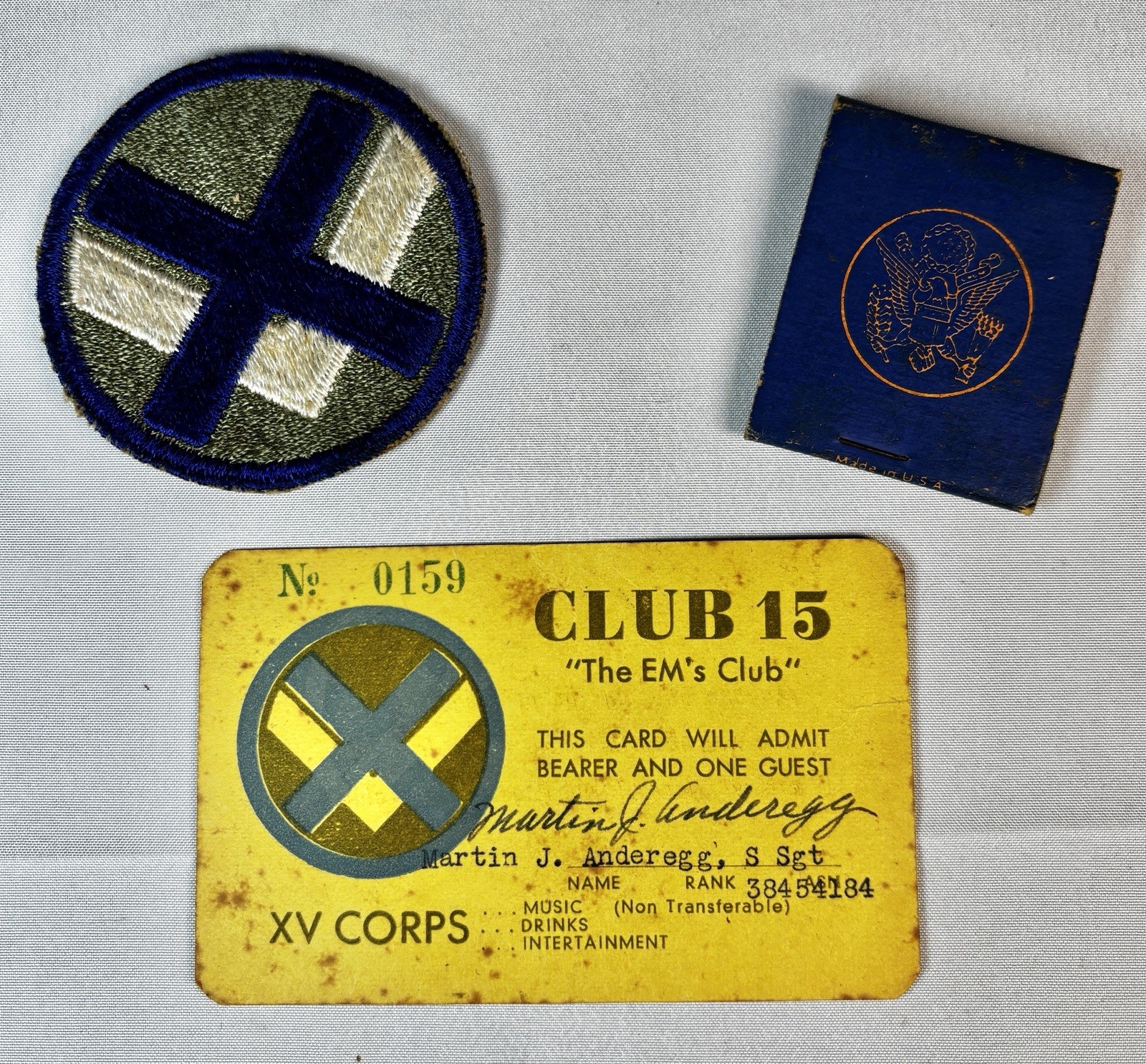 WWII XV Corps Named Grouping S/Sgt Anderegg Club 15 EM (Card, Patch, Matchbook)