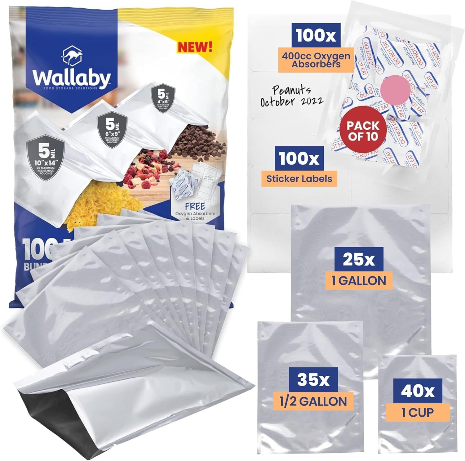 Wallaby 100ct Mylar Bags w/ 400cc Oxygen Absorbers for Long-Term Storage Wallaby 100ct Mylar Bags w/ 400cc Oxygen Absorbers for Long-Term Storage