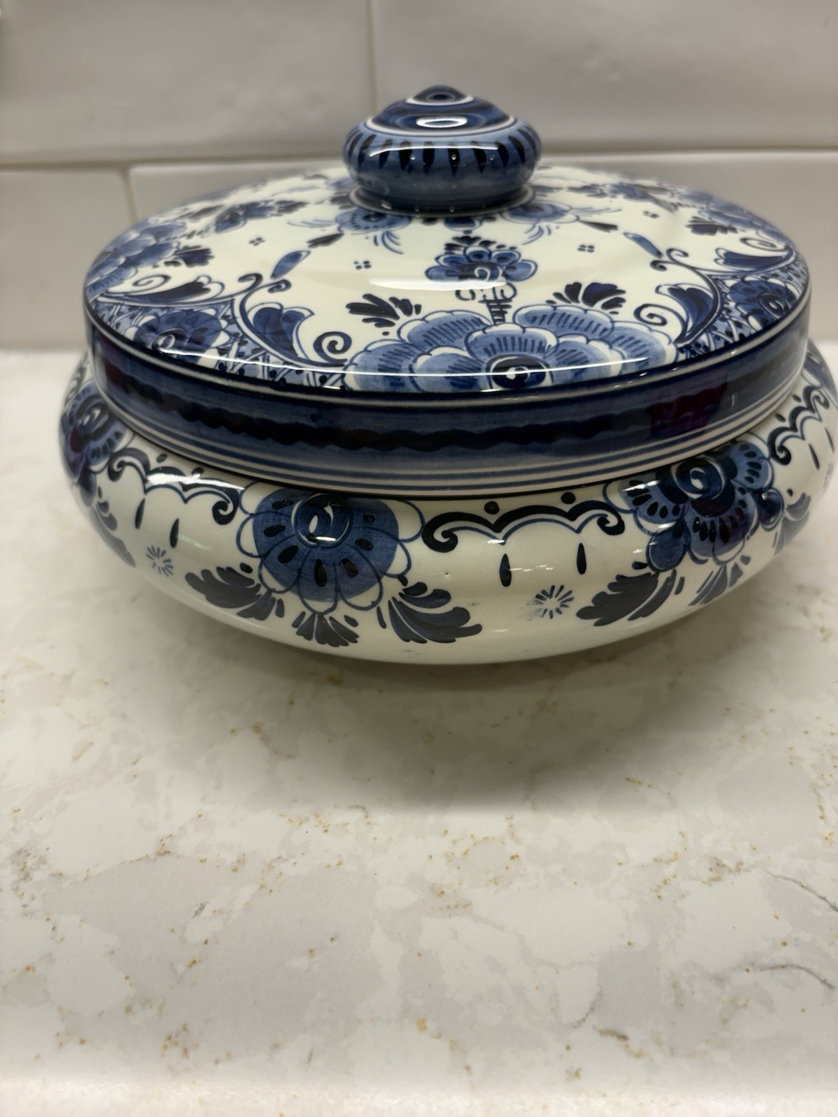 Vtg Delfts Blauw Lidded Bowl Blue White Floral Hand Painted Holland Vs 15 89