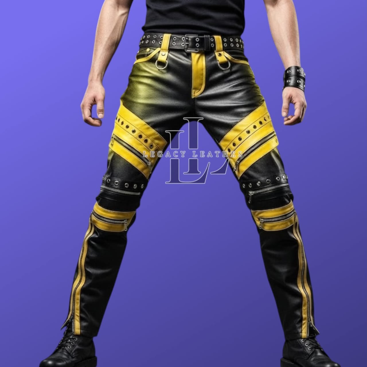 Handmade Men\'s Black & Yellow Real Cowhide Leather Pants Biker Motorcyle pant