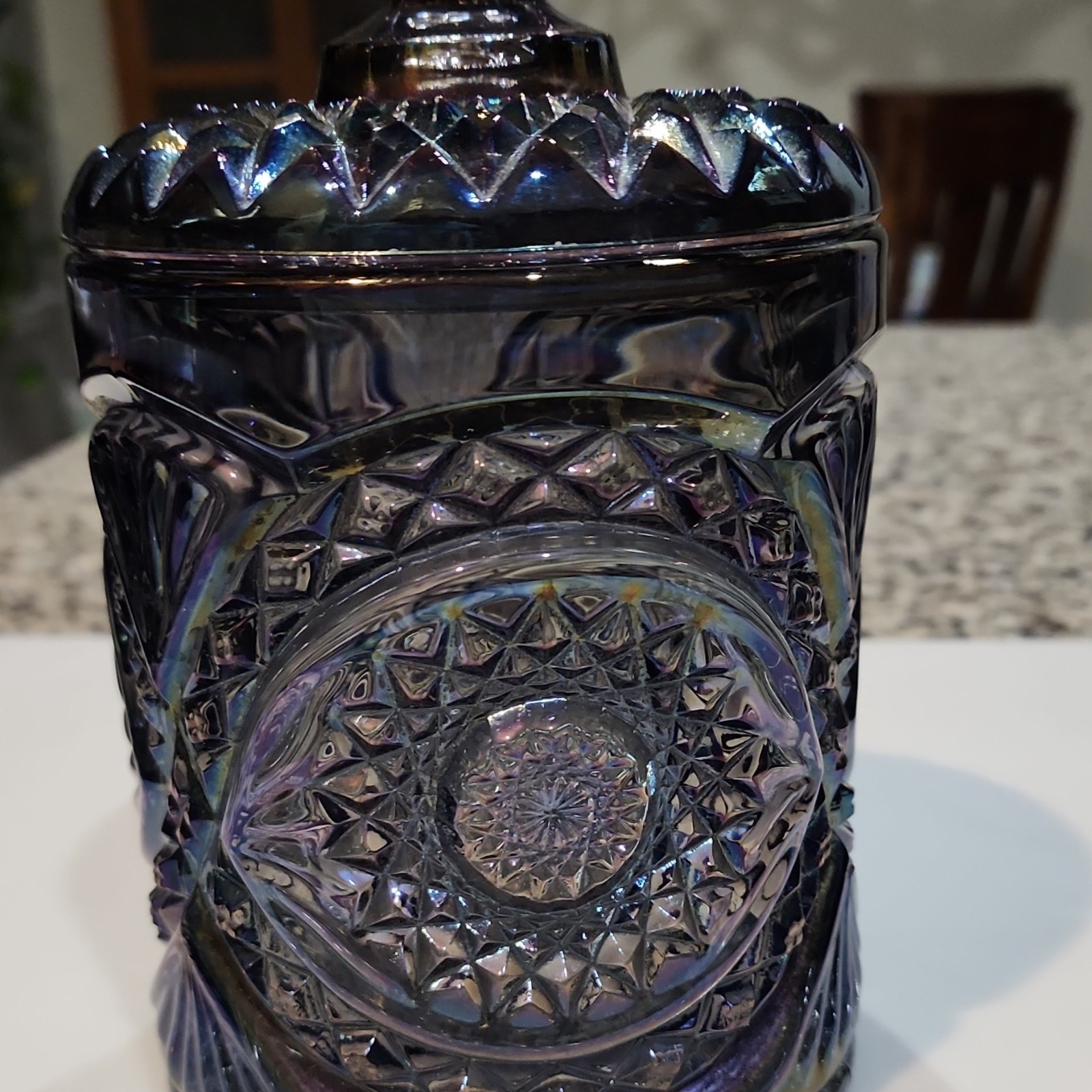 VTG Imperial Scroll & Flower Panels Smoke Peacock Carnival Glass Biscuit Jar 8\ VTG Imperial Scroll & Flower Panels Smoke Peacock Carnival Glass Biscuit Jar 8\