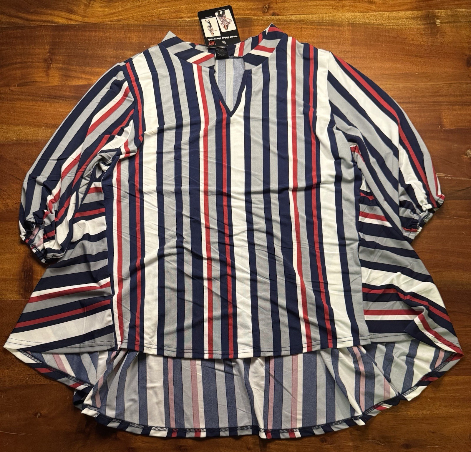 Lildy Womens Navy Striped Printed Bishop Sleeve Tunic Blouse Sz L-XL NWT Lildy Womens Navy Striped Printed Bishop Sleeve Tunic Blouse Sz L-XL NWT