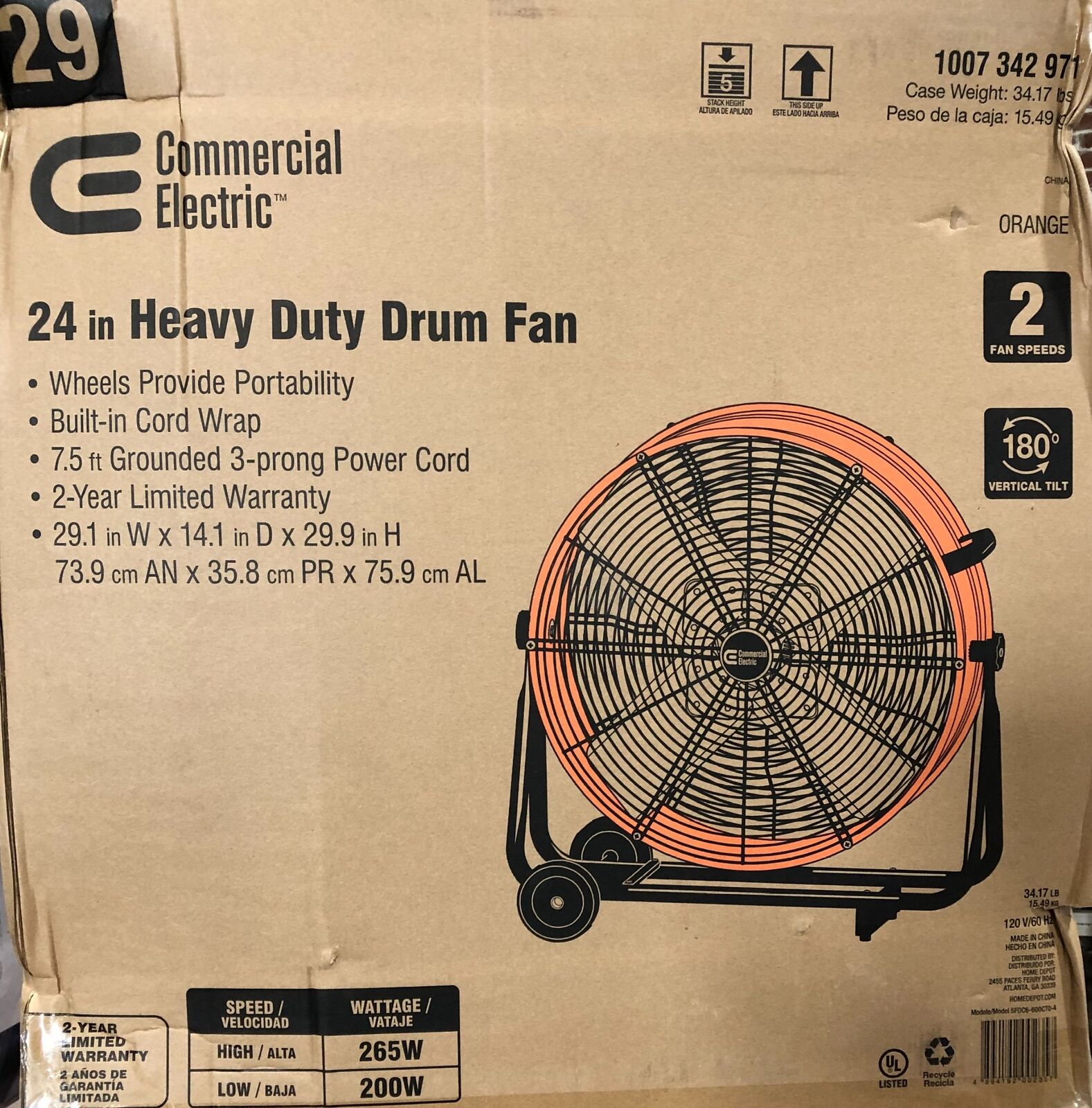 Commercial Electric 24 in. 2-Speed Heavy Duty Tilt Drum Fan New