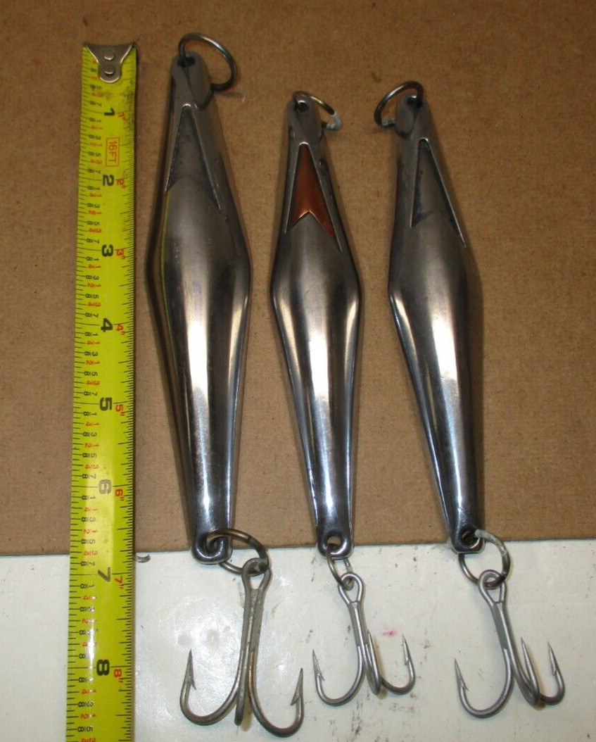 VINTAGE TUNA LURES ** 3- HI-POLISHED SCHNABEL SURFACE JIGS ** VERY NICE ***** VINTAGE TUNA LURES ** 3- HI-POLISHED SCHNABEL SURFACE JIGS ** VERY NICE *****