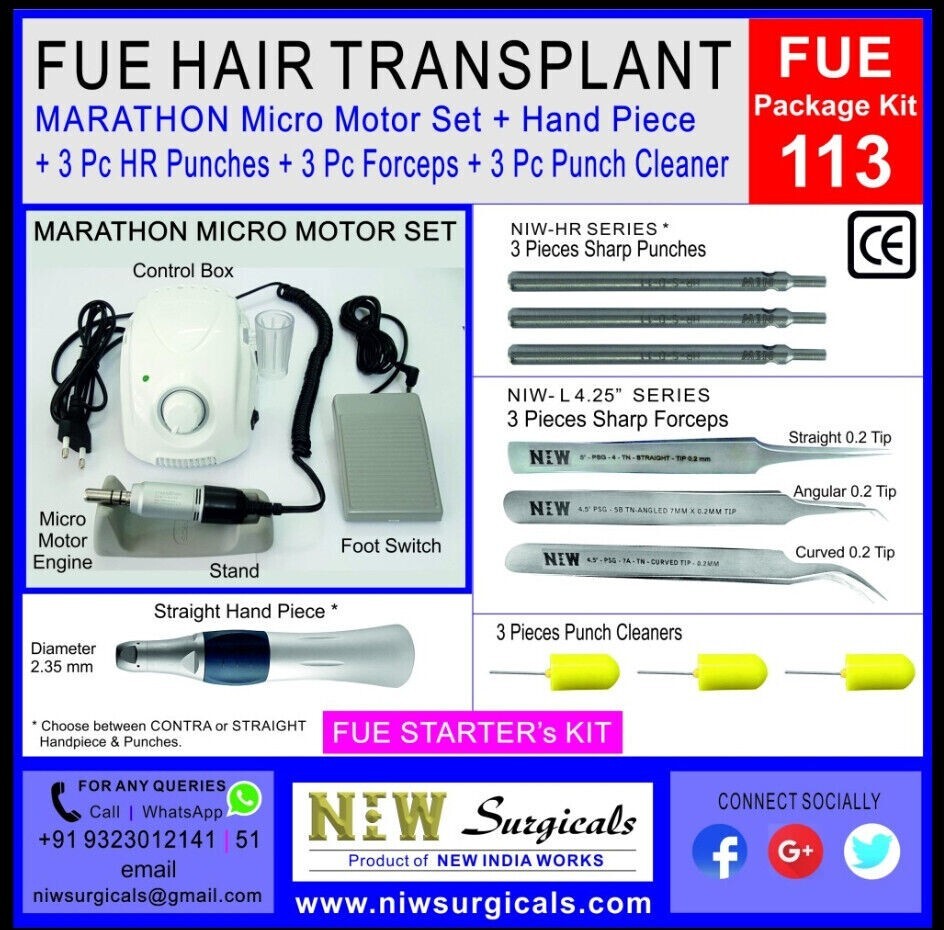 NIW INTERNATIONALS FUE Hair Transplant Kit 113 with Micro motor, etc..