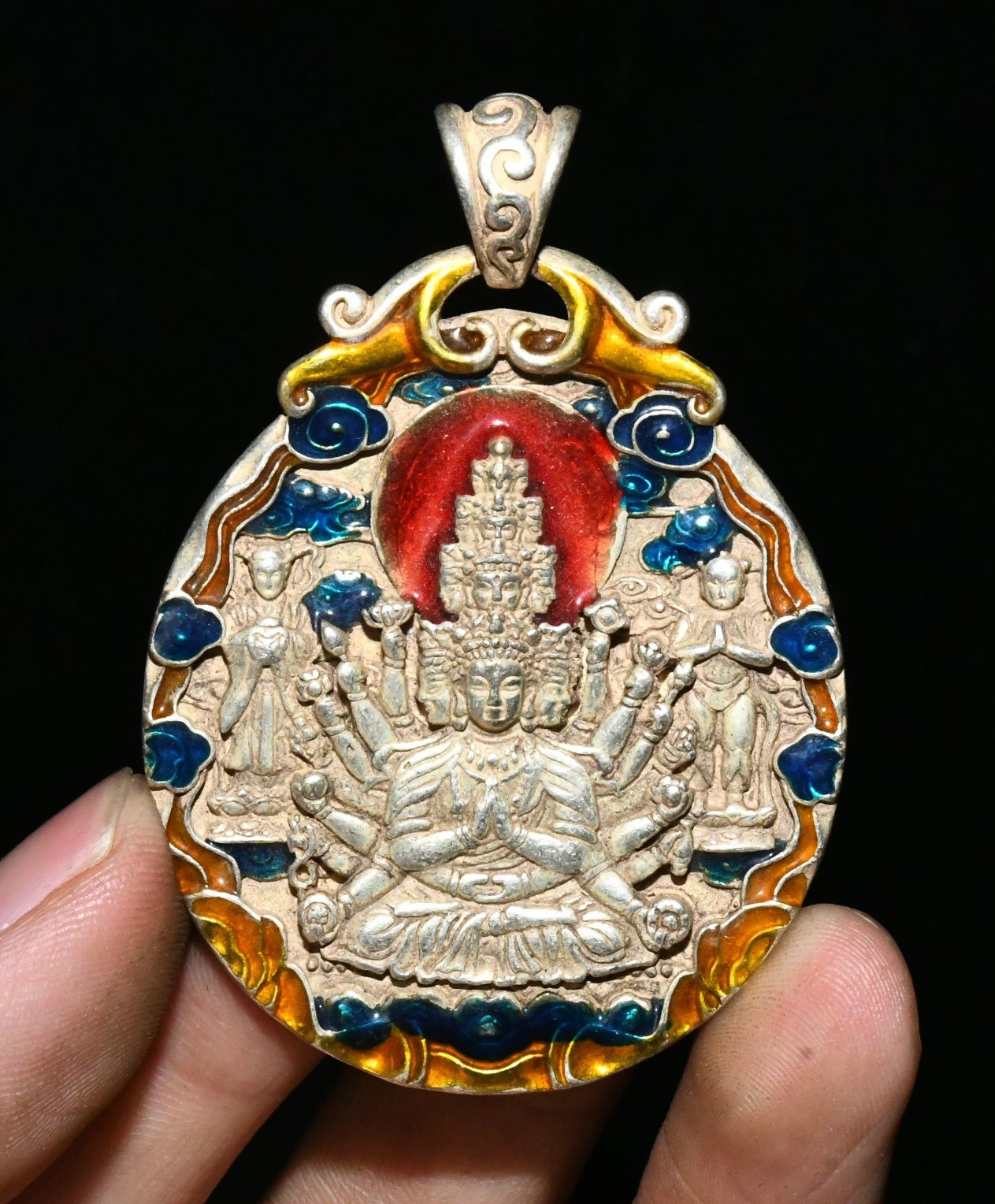 2.5''Old Chinese Bronze Silver 18 Hands Maha Cundi Mother Buddha Amulet Pendant
