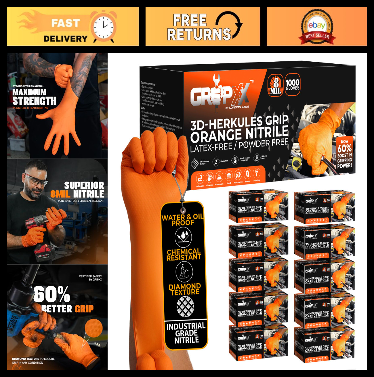 Heavy Duty 8Mil Orange Nitrile Gloves - 3D Raised Diamond Texture, Latex Free, X