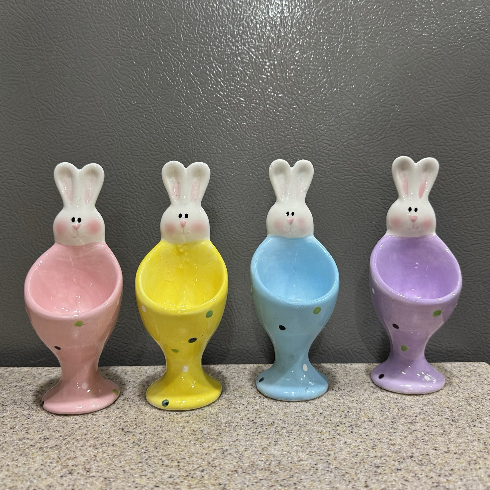 4 Vtg Studio 33 Standing Easter Bunny Egg Holders Ceramic 5.5” Pastels in EUC