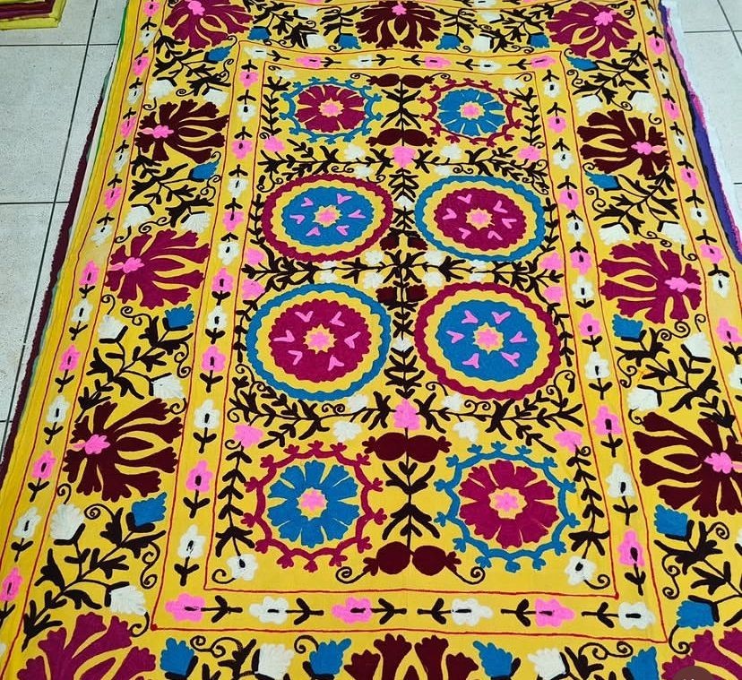 Vintage Suzani Embroidered Tapestry Yellow Boho Floral Wall Hanging Bedspread