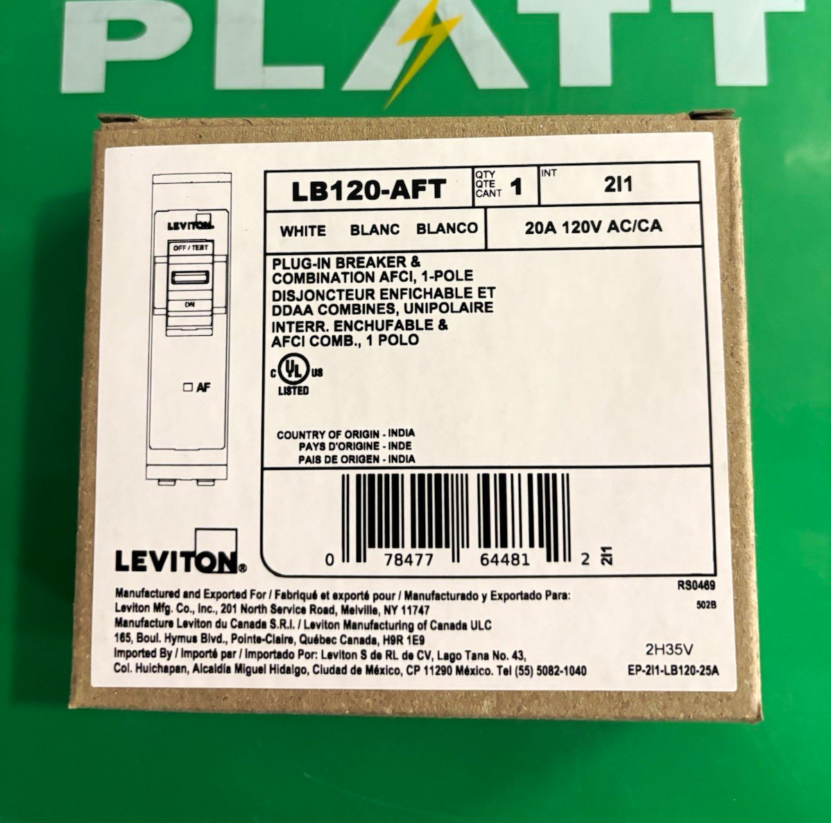 Leviton LB120-AFT 20A 120V 1-Pole Plug-In AFCI Circuit Breaker, White Leviton LB120-AFT 20A 120V 1-Pole Plug-In AFCI Circuit Breaker, White