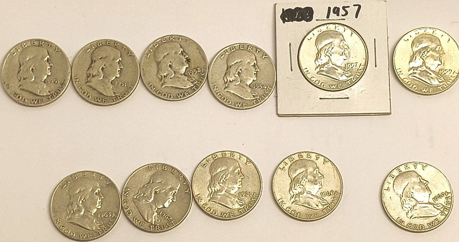 11 Franklin Half Dollars 90% Silver Lot 1950s 1960s 1951-S Better Dates