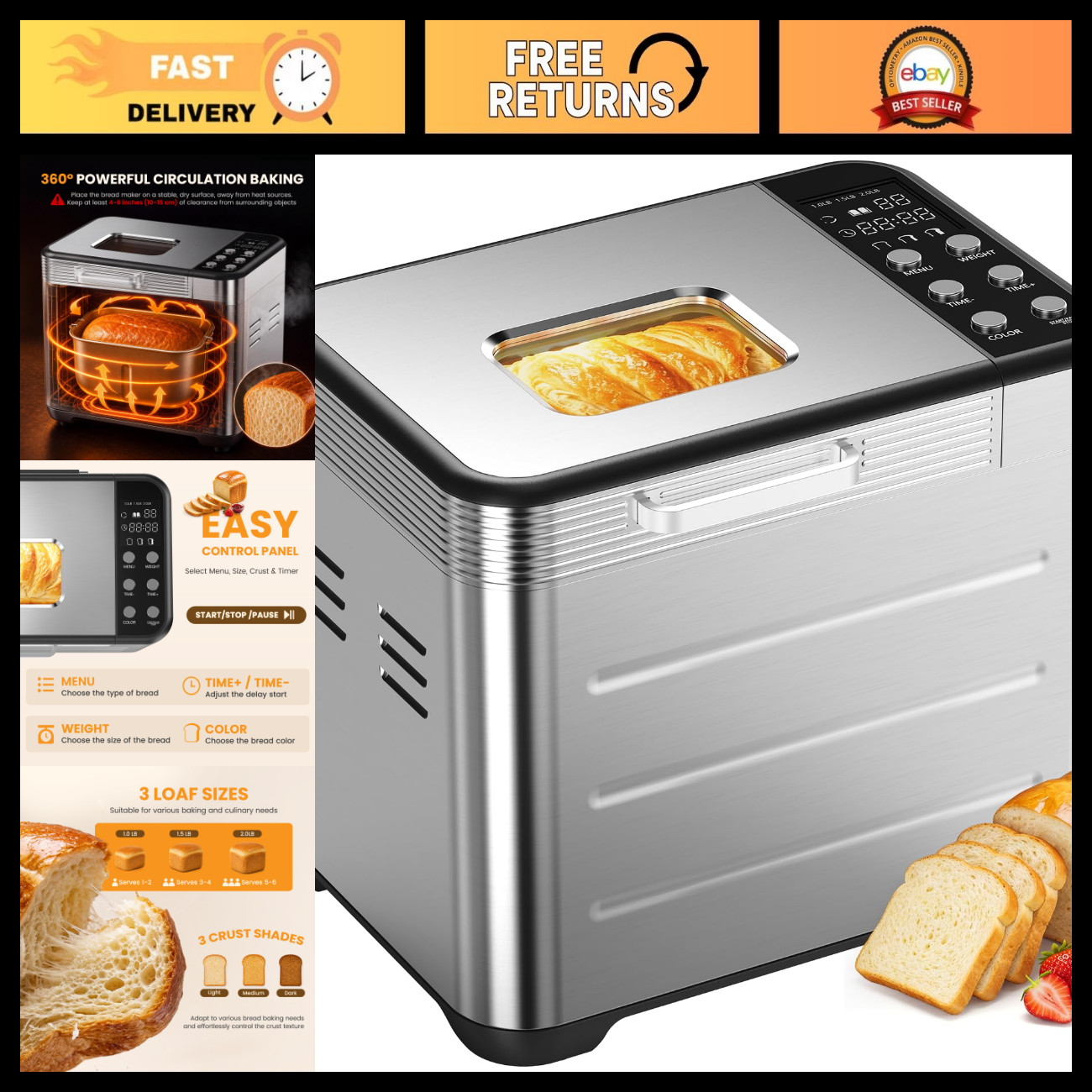 21-in-1 Automatic Bread Maker Machine, Stainless Steel, Easy to Use, Fresh Bread