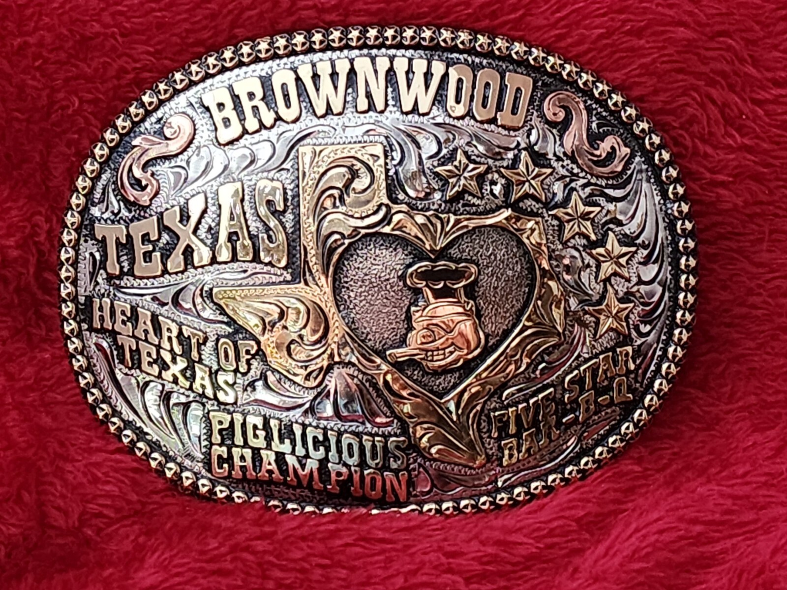 TEXAS PITMASTER CHAMPION TROPHY BAR-B-Q BELT BUCKLE☆BROWNWOOD COOKOFF☆RARE-X45