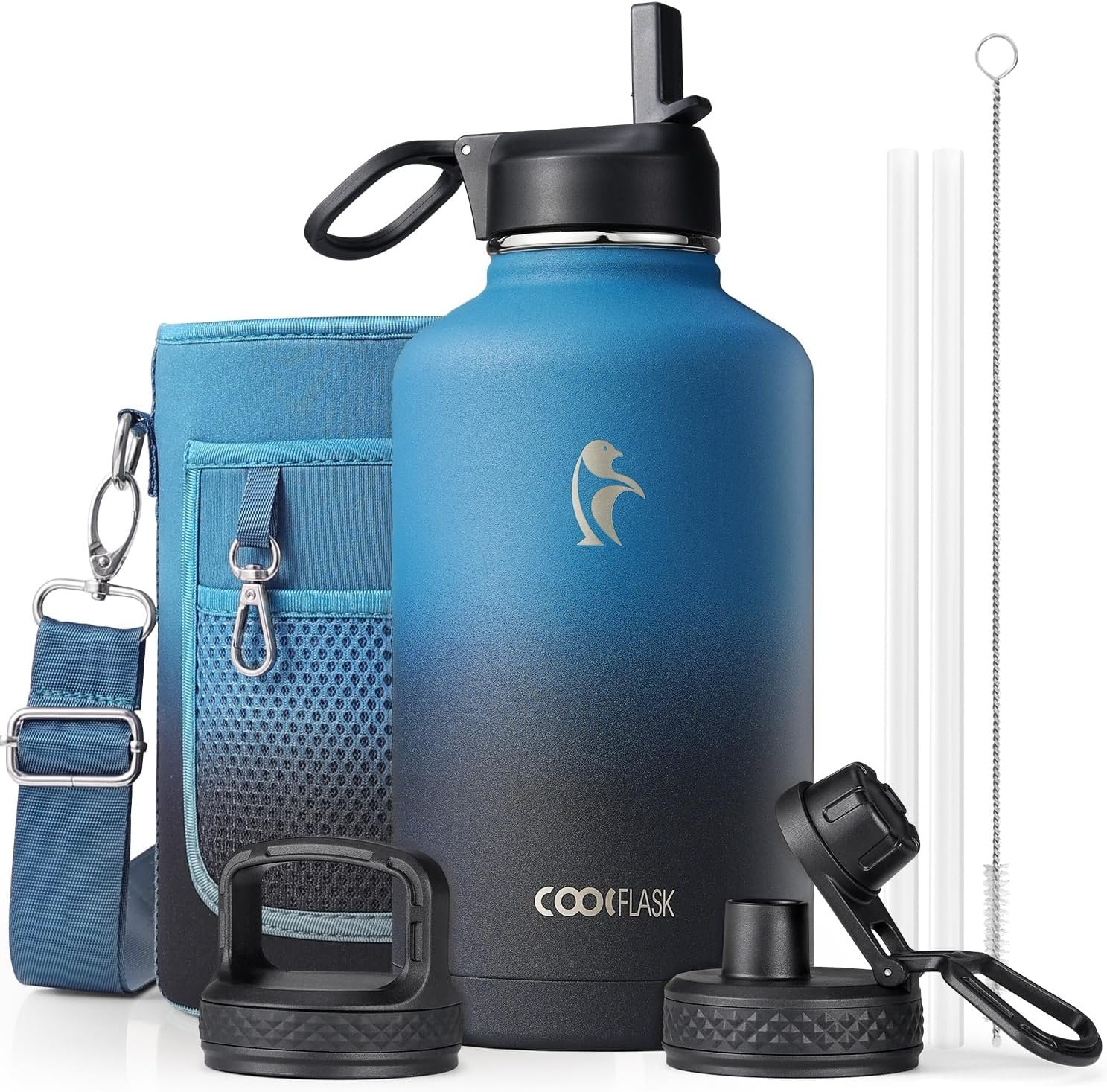 Half Gallon Water Bottle Insulated with Straw & 3 Lids, 64 Oz Water Jug Large M Half Gallon Water Bottle Insulated with Straw & 3 Lids, 64 Oz Water Jug Large M