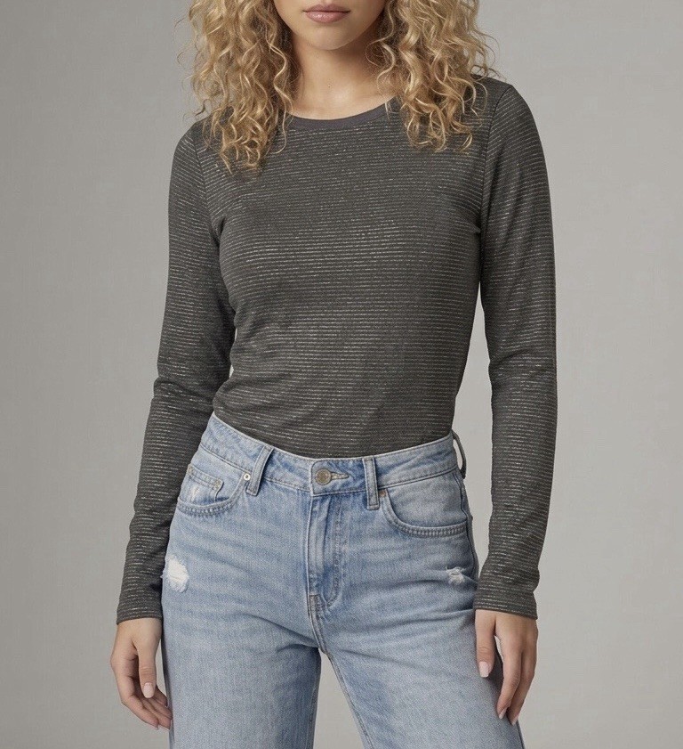NWT T By Talbots Women’s Size S Gray Knit Metallic Cotton Blend Pullover Tee