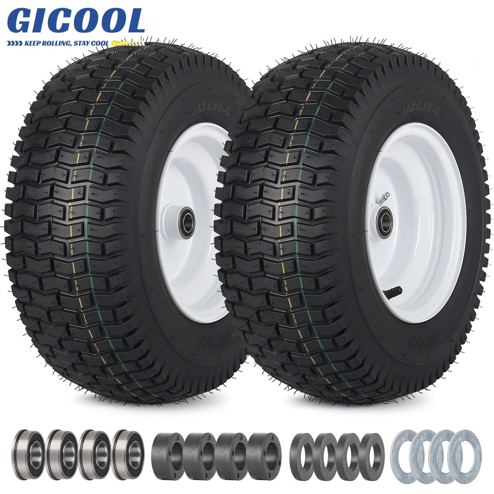 GICOOL 2Pk 16x6.50-8 Tubeless Tire & Wheel for Riding Lawn Mower Garden Tractor