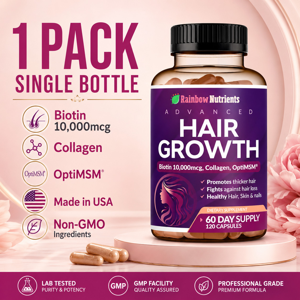 1-3 Pack Women\'s Hair Growth Supplement Biotin Collagen MSM Saw Palmetto