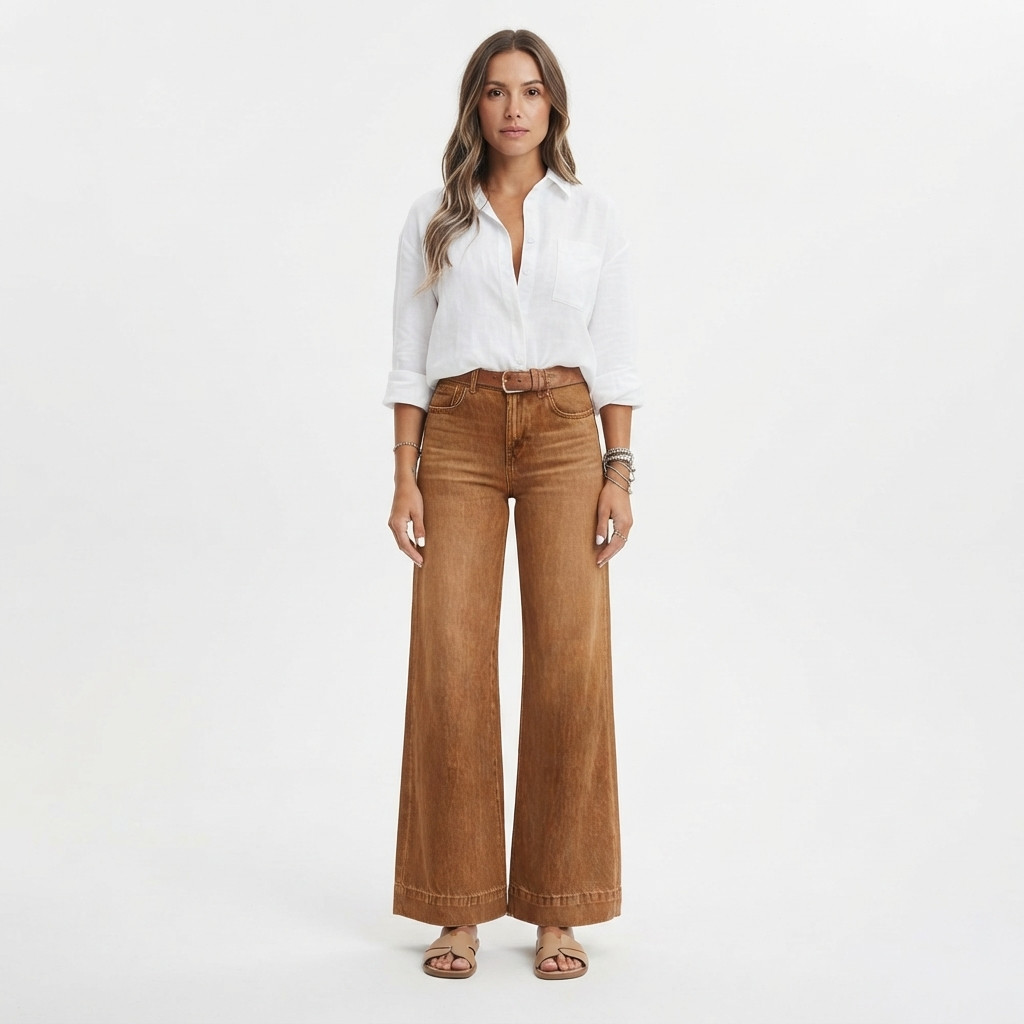 Women\'s High Waist Wide Leg Jeans Camel Brown Stretch Denim Pants