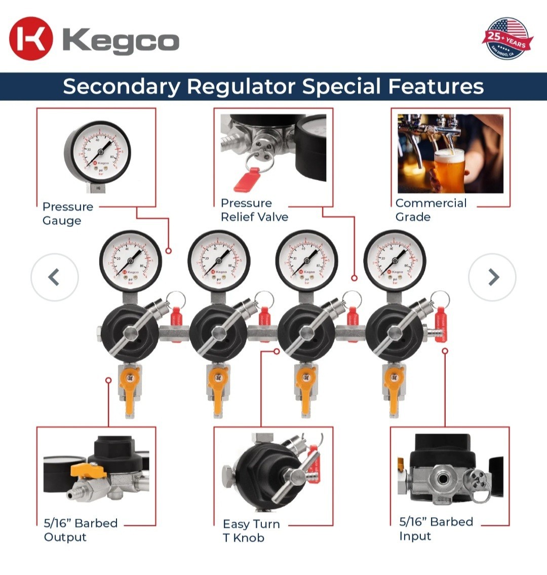 New, Kegco Commercial Grade Four Product Secondary Regulator Sku# KC YH-76S-4 New, Kegco Commercial Grade Four Product Secondary Regulator Sku# KC YH-76S-4