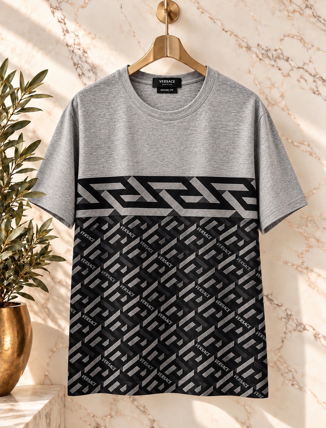 Versace - Men’s L Gray Black Greca Print T-Shirt Made in Italy Luxury Designer