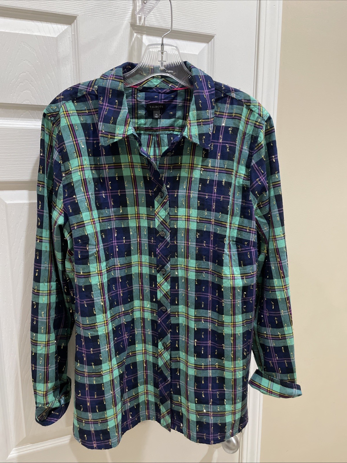 Talbots Women gorgeous Blue Green Metallic Long Sleeve Button Blouse Shirt XL Talbots Women gorgeous Blue Green Metallic Long Sleeve Button Blouse Shirt XL