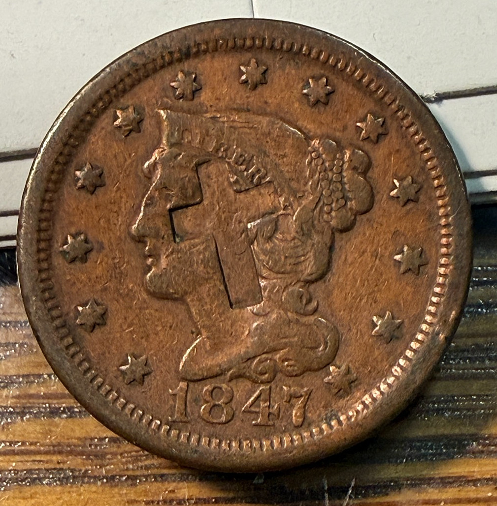 1847 Large Cent Nice Original Fine with Unusual Cross Counterstamp CHRC 1847 Large Cent Nice Original Fine with Unusual Cross Counterstamp CHRC