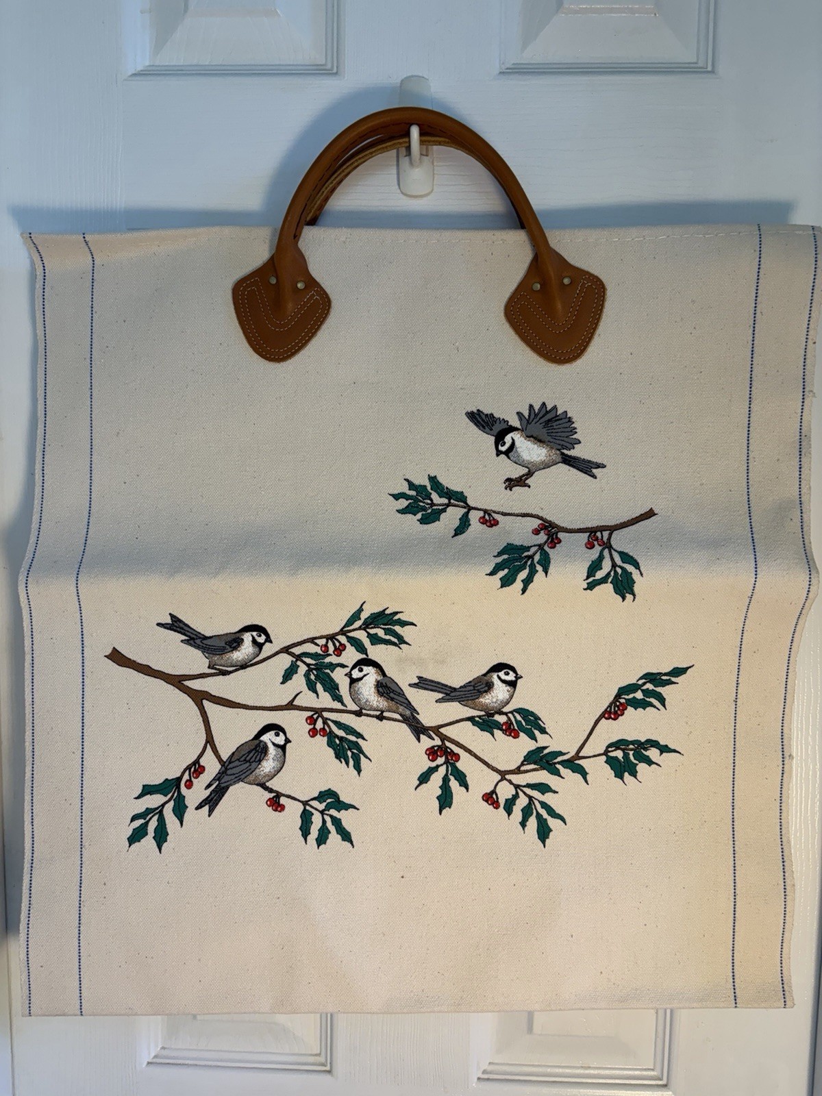Rare VTG LL Bean Canvas Log Firewood Carrier Black-capped Chickadees Holly USA Rare VTG LL Bean Canvas Log Firewood Carrier Black-capped Chickadees Holly USA