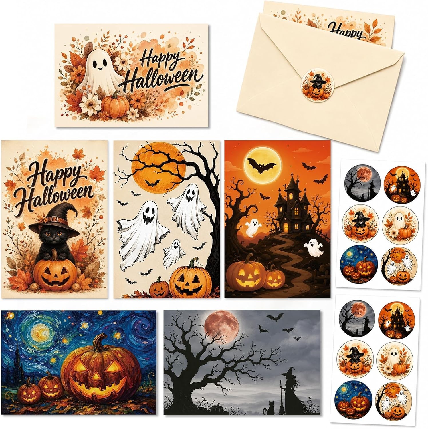 24 Pack Halloween Greeting Cards 4x6 Inch with Envelopes & Stickers Set Party Ca