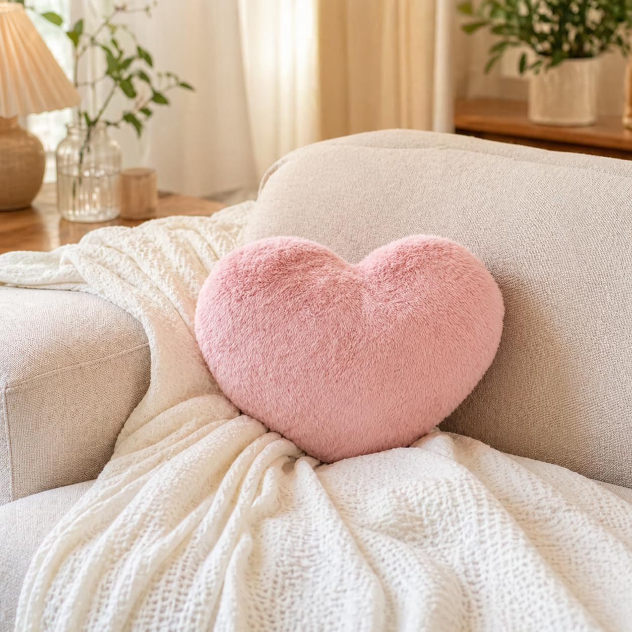 RAINFLOW Decorative Heart Pillow - Pink Faux Fur Throw Pillow Room Decor | Plush