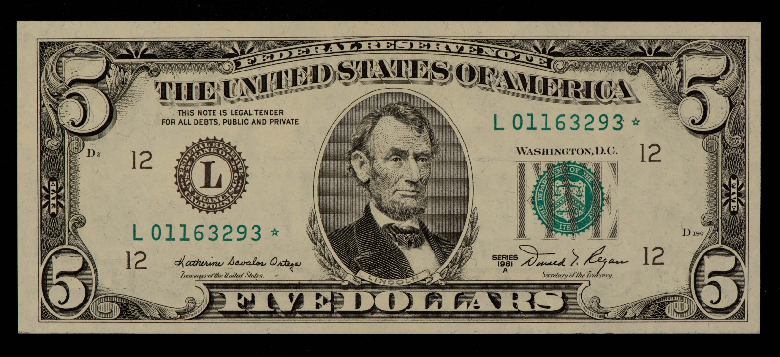 FR 1977-L* $5 1981 A Federal Reserve Note US - Star Note - UNC - SKU-CA1852