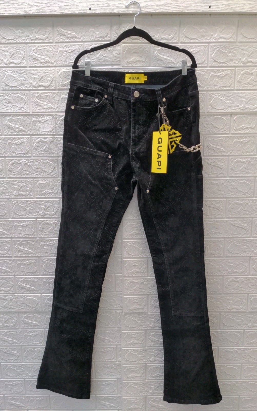 New Guapi All Black Monogram Velour Denim With Chain Sz 36