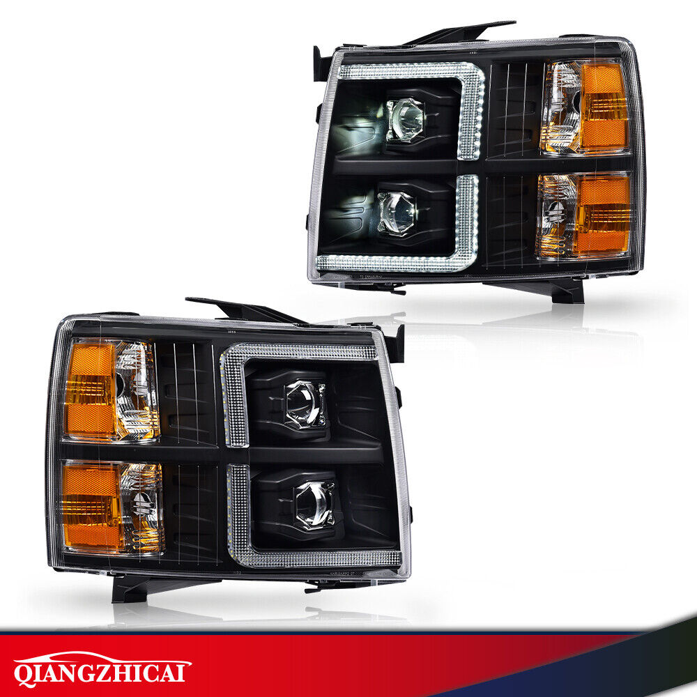 Black Housing Clear/Amber LED DRL Headlights Lamps Fit For Silverado 2007-2014