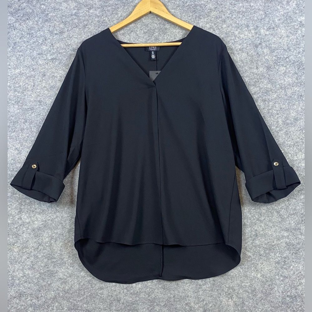 Jones New York NEW NWT Blouse Size L Black V-neck Roll Tab Sleeves Lightweight